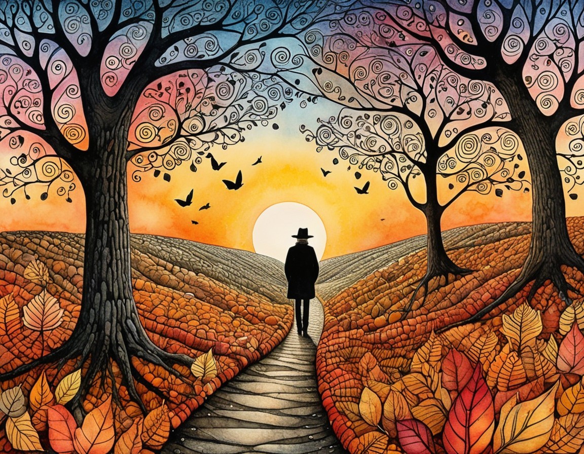 Lone Figure Walking in Vibrant Autumn Landscape