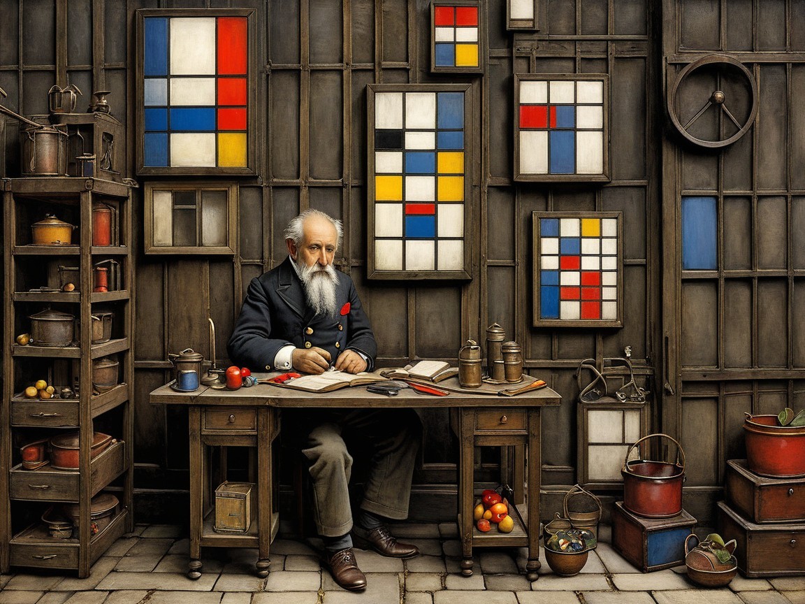 Elderly Man Surrounded by Abstract Art and Geometric Patterns