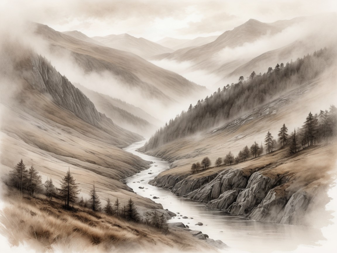 Serene Landscape with River and Misty Mountains