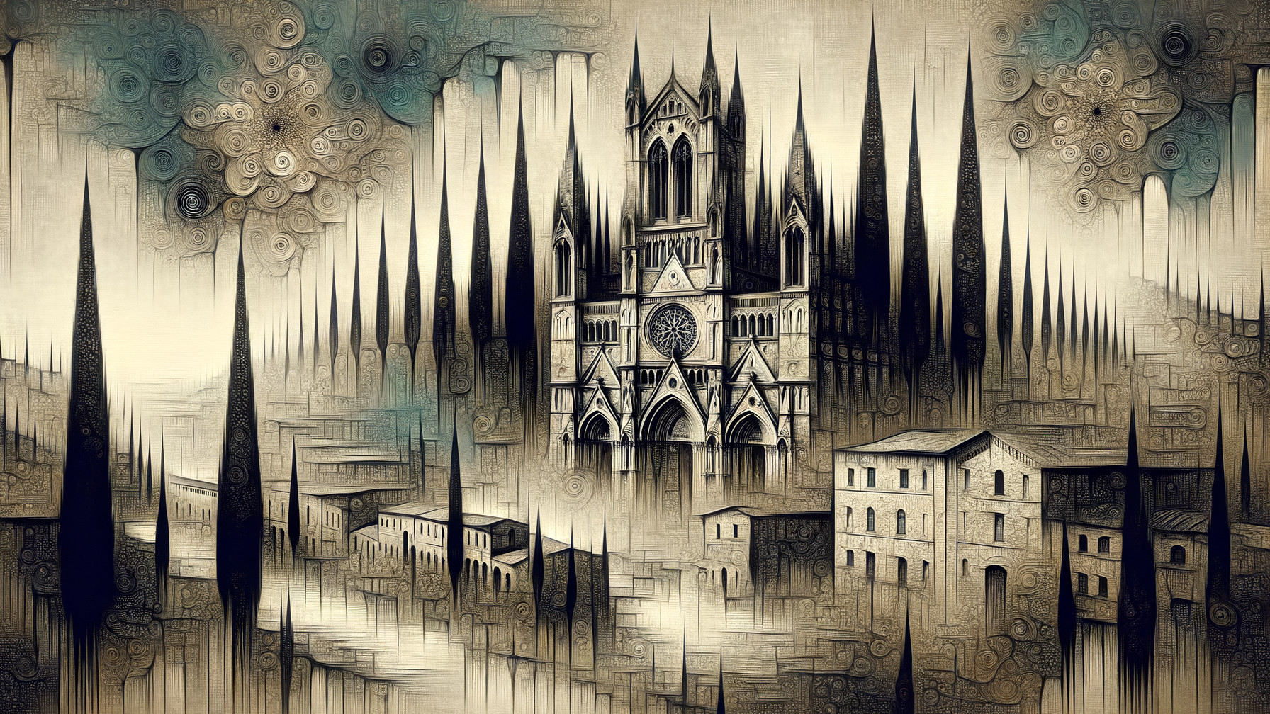 Dreamlike Landscape with Gothic Cathedral and Fog
