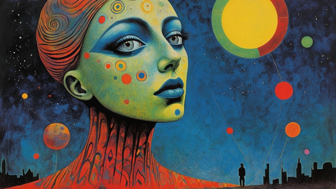 Stylized Woman with Blue Skin and Colorful Background