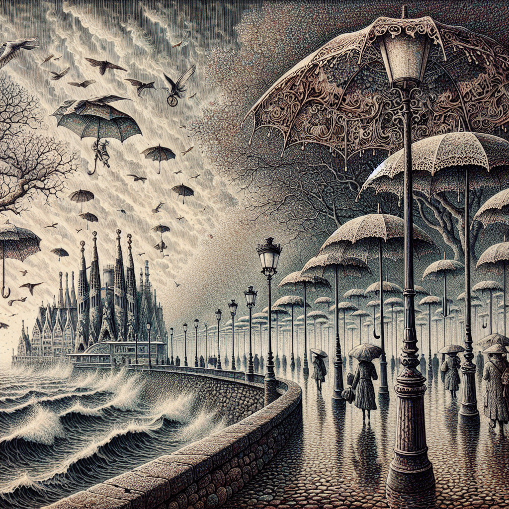 Surreal Stormy Landscape with Umbrellas and Castle