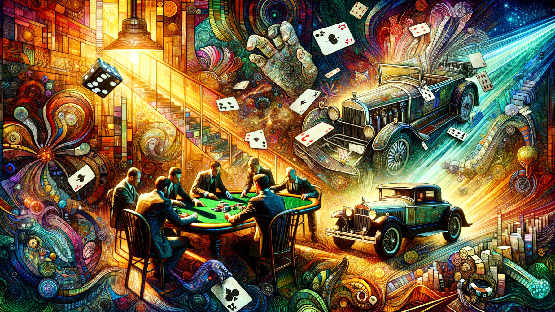 Surreal Poker Scene with Colorful Motifs and Cards