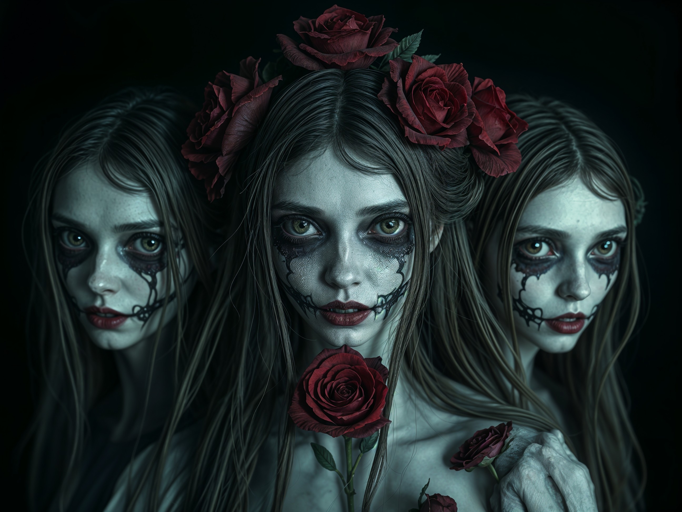 Ethereal Figures with Roses and Dramatic Makeup