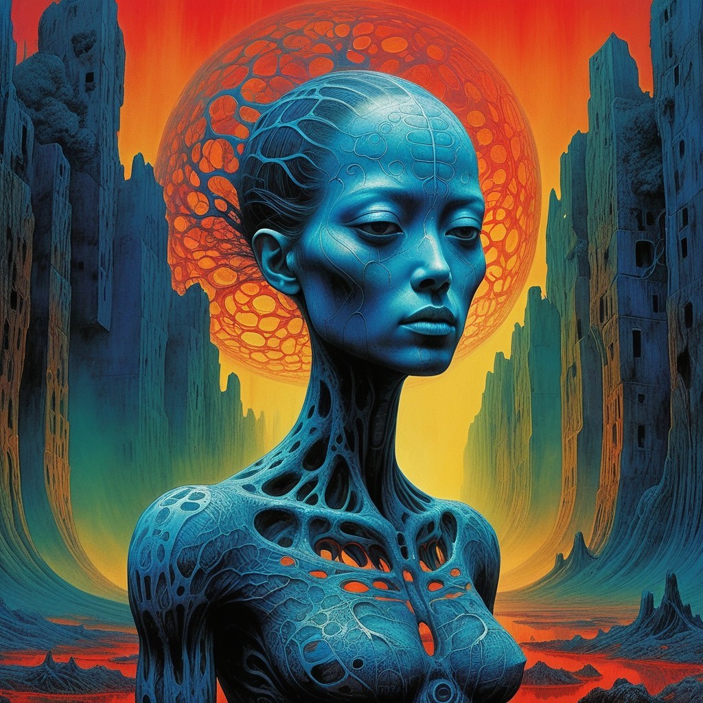 Surreal Portrait of Humanoid Figure in Vibrant Landscape