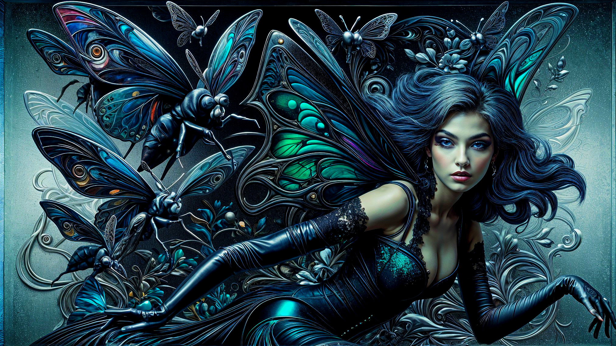 Mystical figure in elegant dress with butterflies and flowers