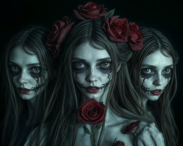 Ethereal Figures with Roses and Dramatic Makeup
