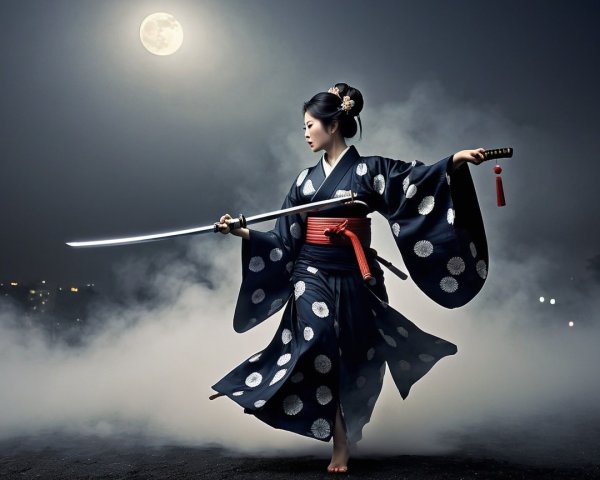 Young Woman in Dark Polka Dot Kimono with Sword