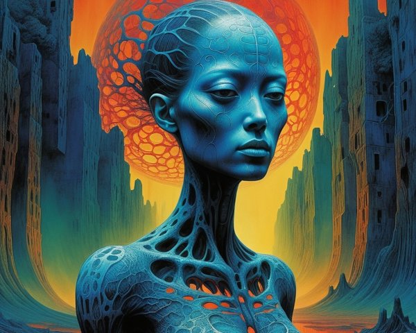 Surreal Portrait of Humanoid Figure in Vibrant Landscape