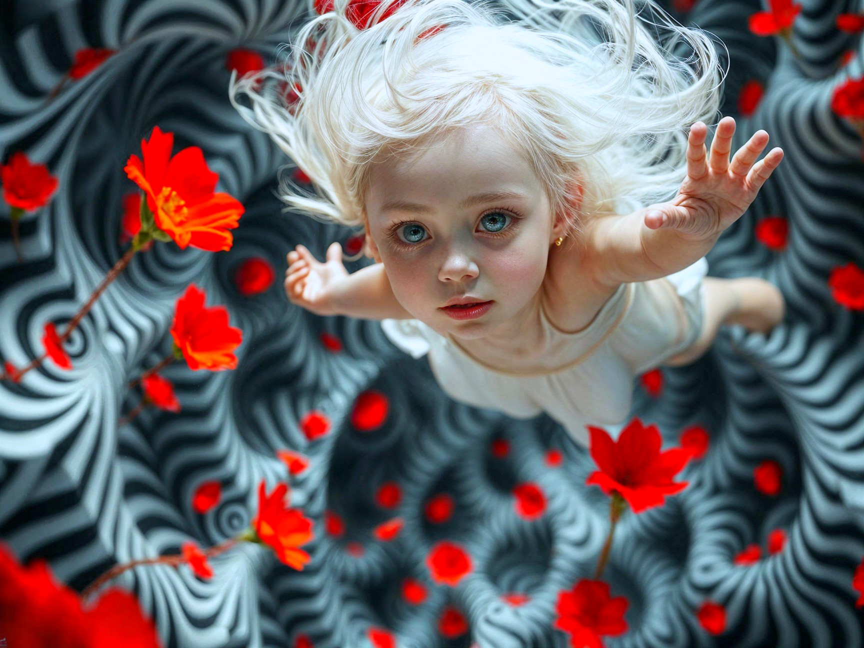 Child with blonde hair amidst black-and-white background