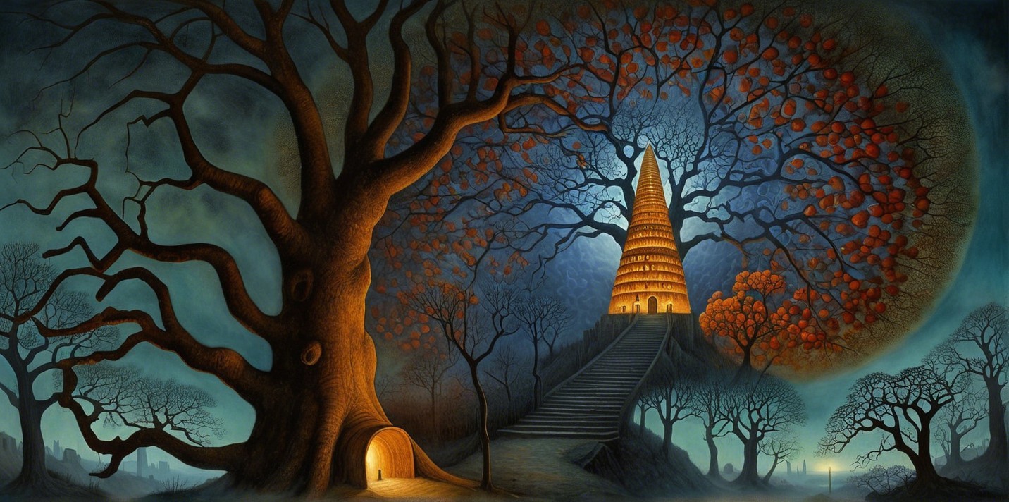 Mystical Landscape with Towering Pagoda and Trees