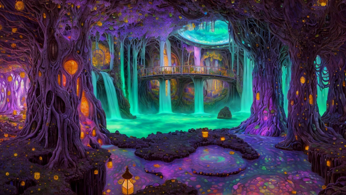 Mystical Landscape with Purple Trees and Waterfalls