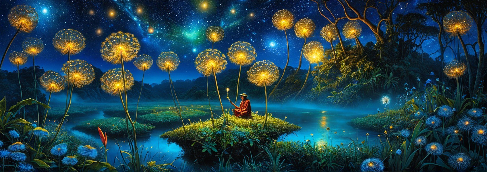 Serene Night Scene with Illuminated Island and Flowers