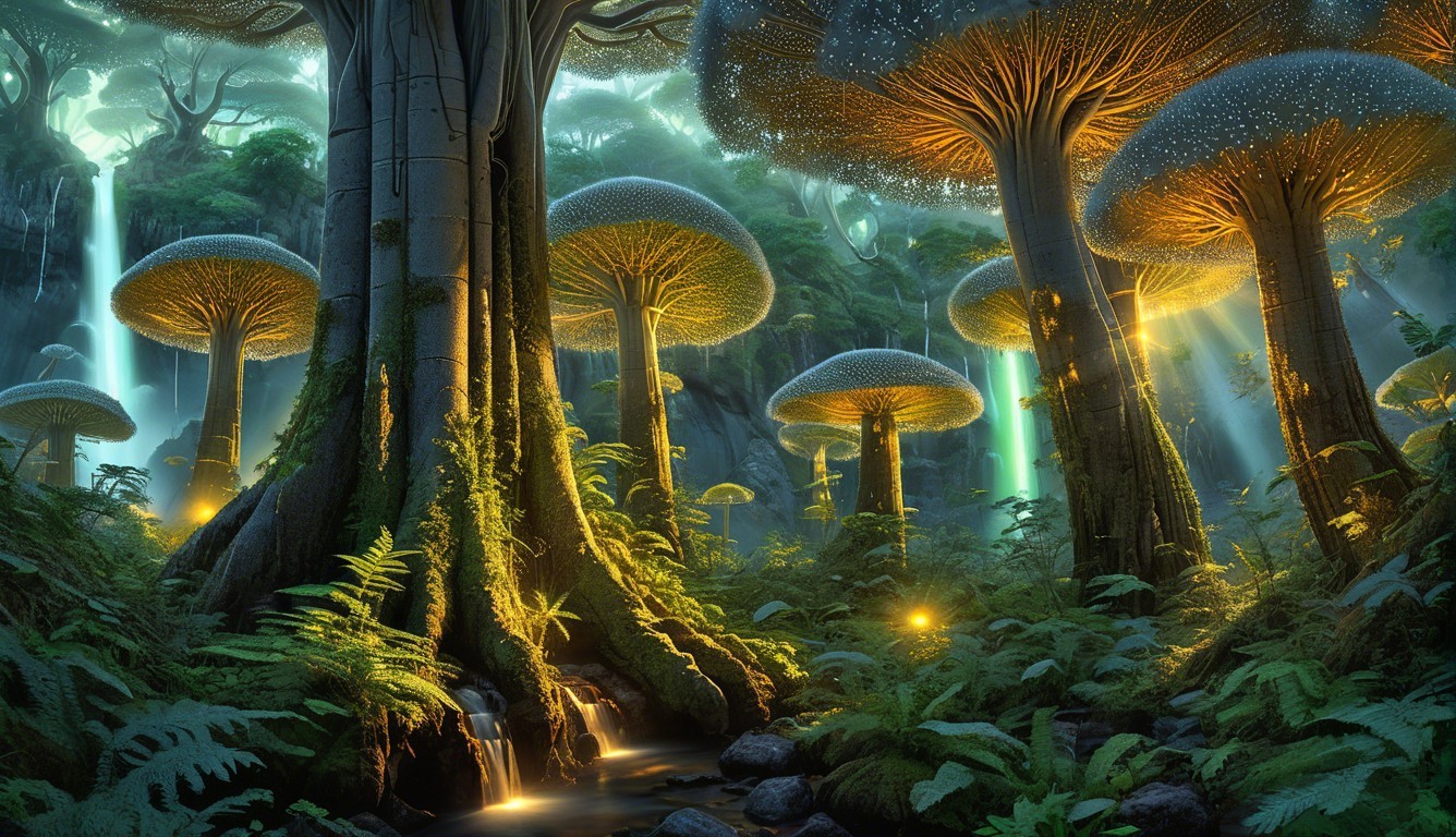 Mystical forest with glowing mushrooms and ferns