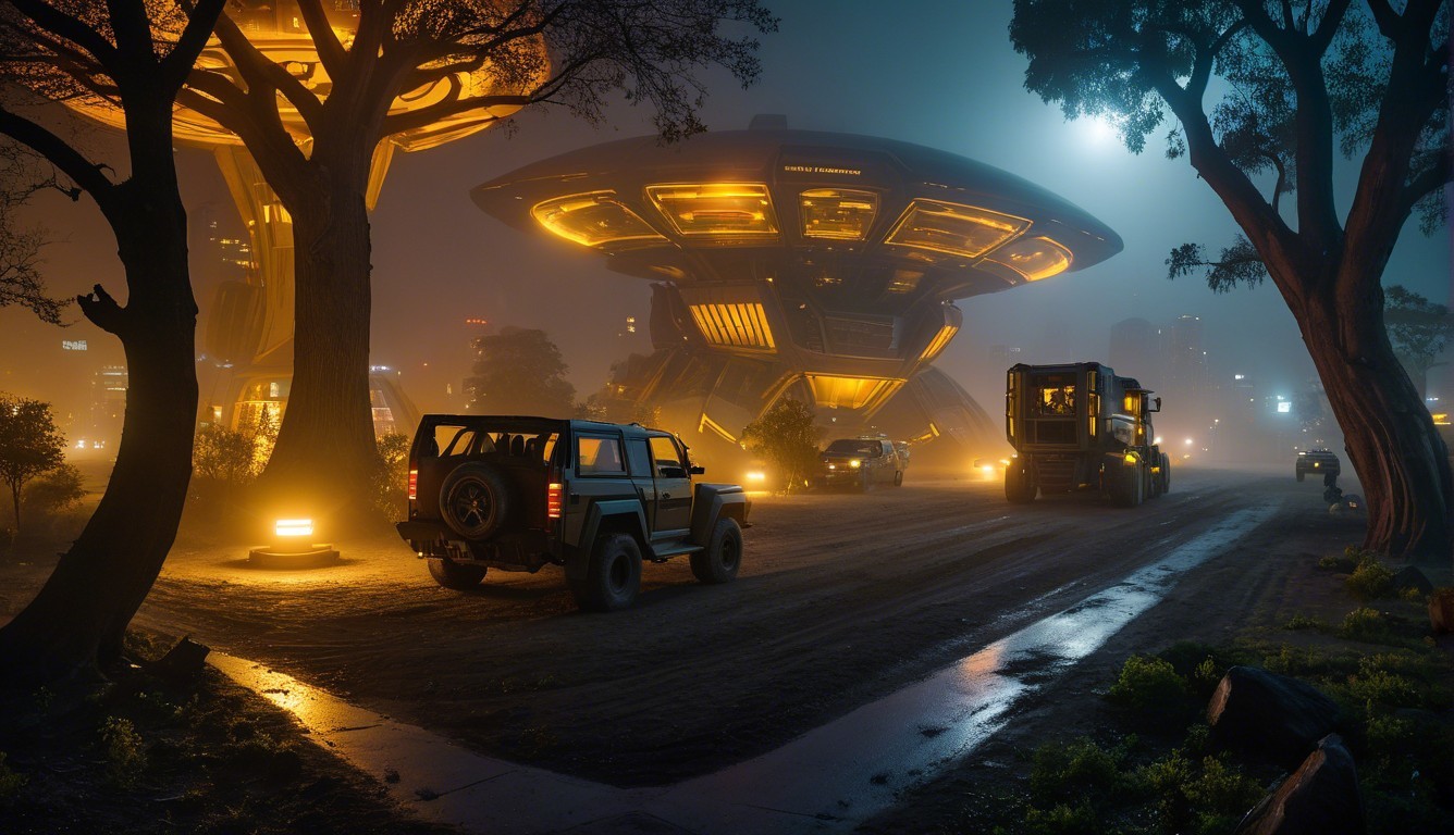 Futuristic urban scene with glowing alien-like structures