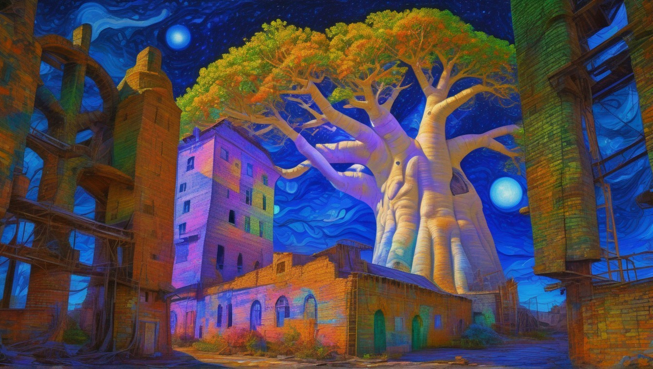 Surreal Landscape with Colossal Colorful Tree at Night