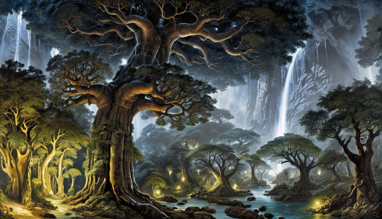 Mystical Forest with Ethereal Light and Waterfalls