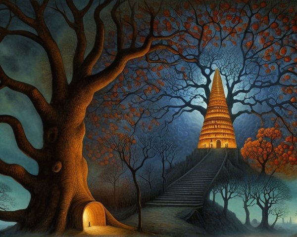 Mystical Landscape with Towering Pagoda and Trees