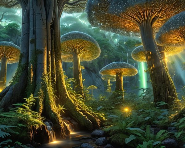 Mystical forest with glowing mushrooms and ferns