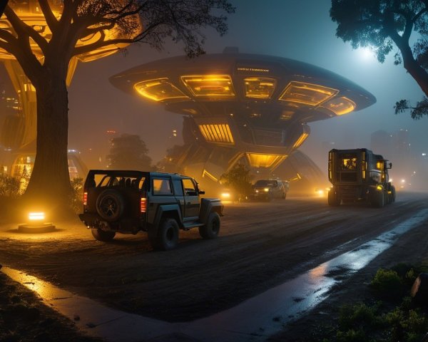 Futuristic urban scene with glowing alien-like structures