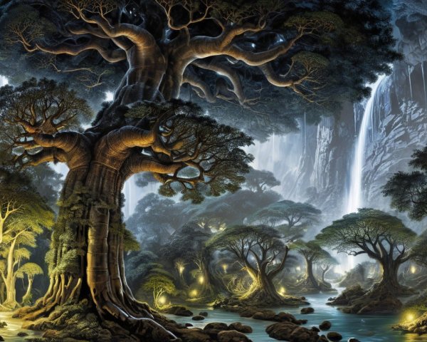 Mystical Forest with Ethereal Light and Waterfalls