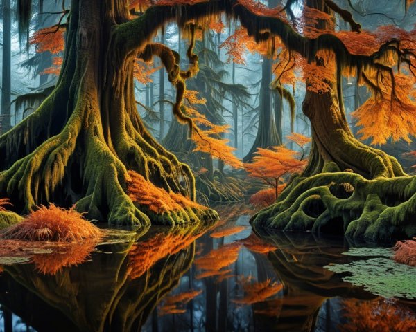 Mystical Forest with Vibrant Autumn Colors and Pond