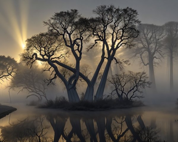 Misty Dawn Landscape with Twisted Trees and River