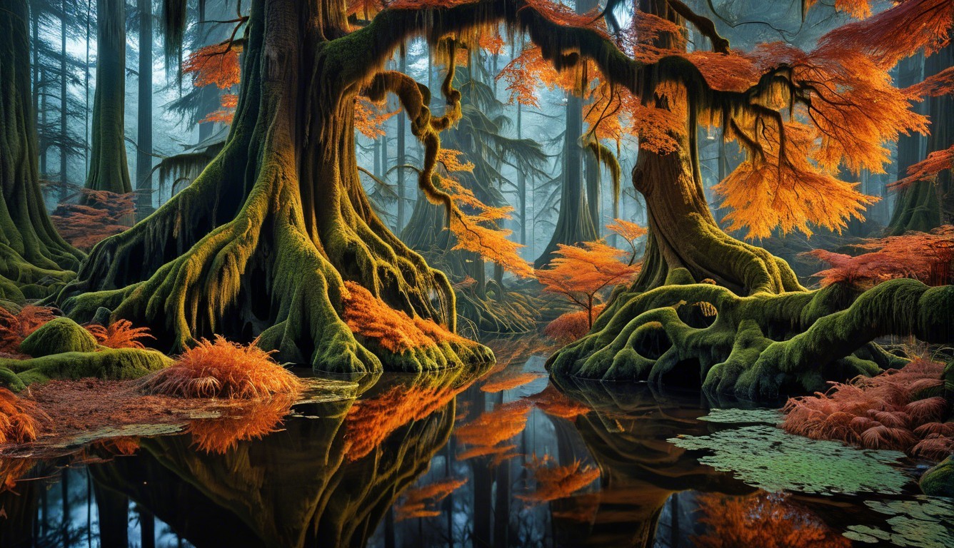 Mystical Forest with Vibrant Autumn Colors and Pond