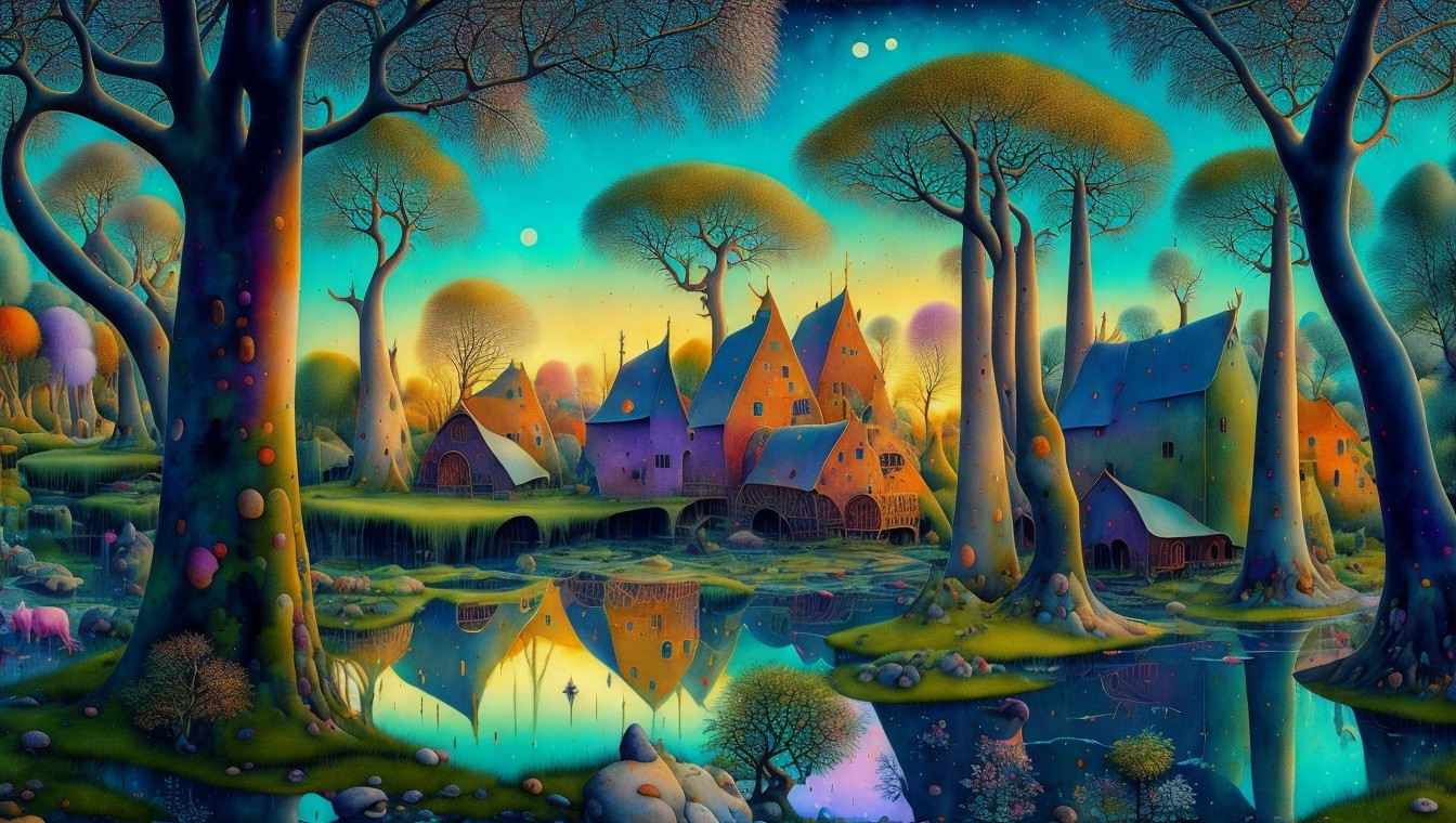 Whimsical Landscape with Colorful Houses and Trees