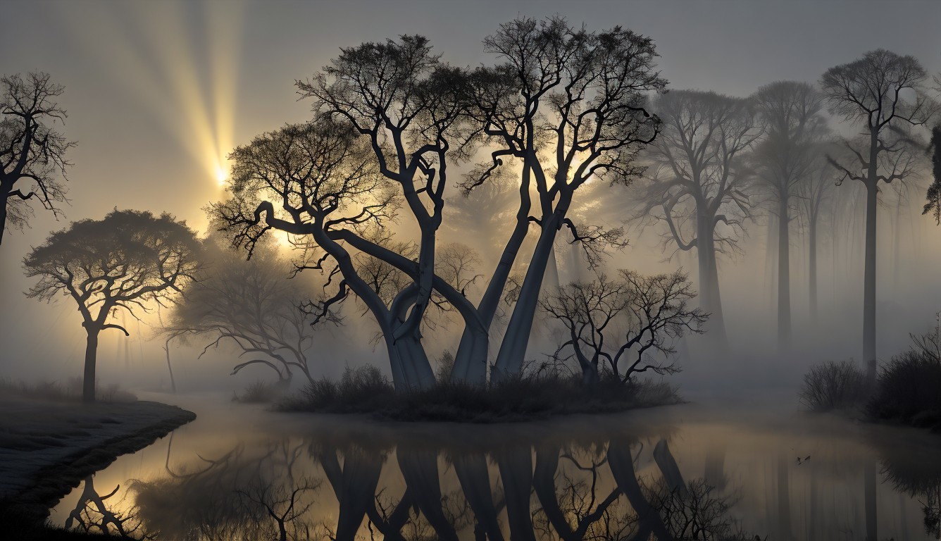Misty Dawn Landscape with Twisted Trees and River