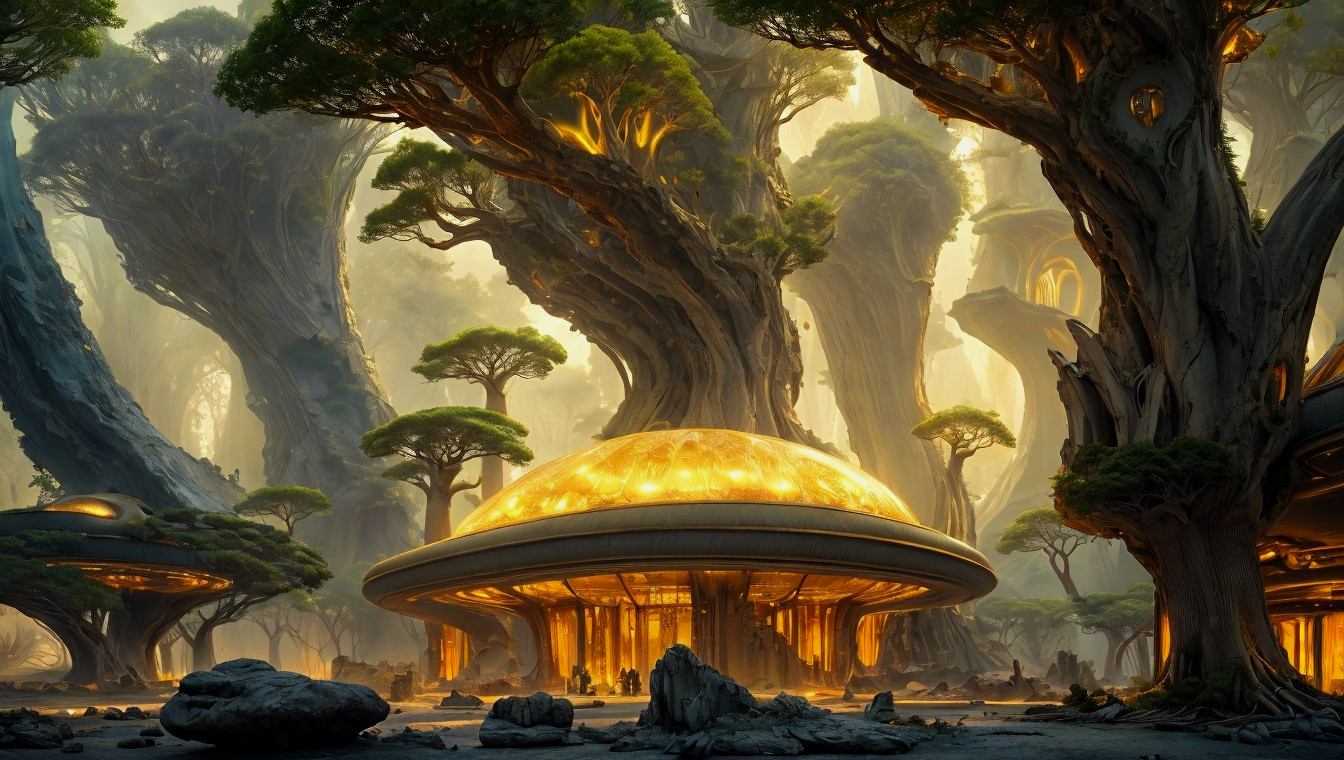Fantastical Landscape with Ancient Trees and Golden Dome