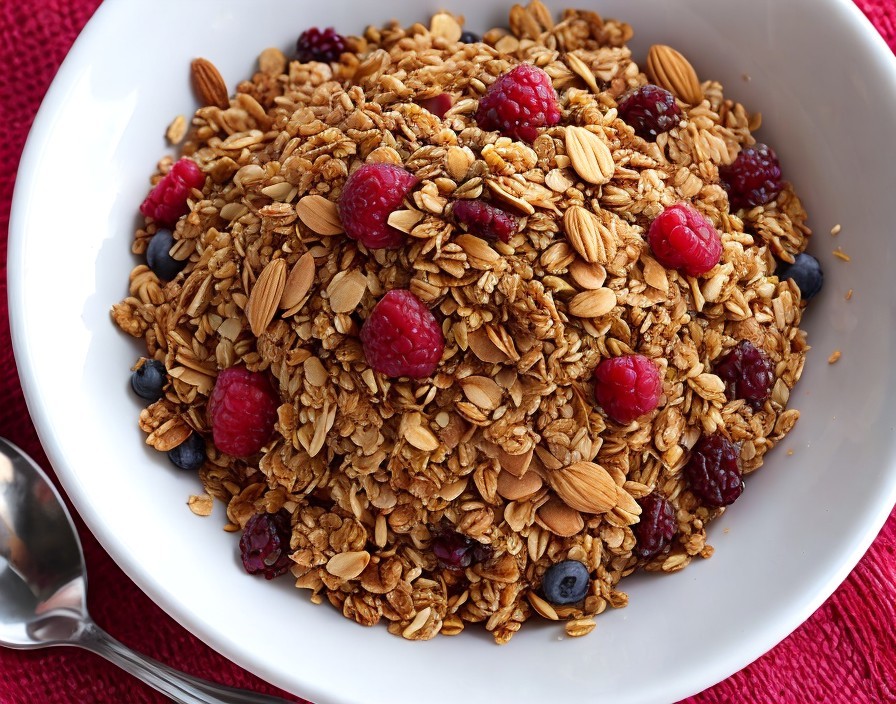 Granola Bowl with Berries and Almonds on Red Background