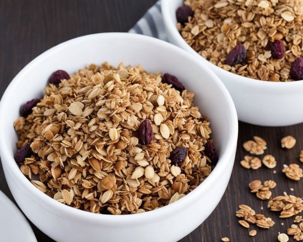 Granola with Oats and Dried Berries in White Bowls