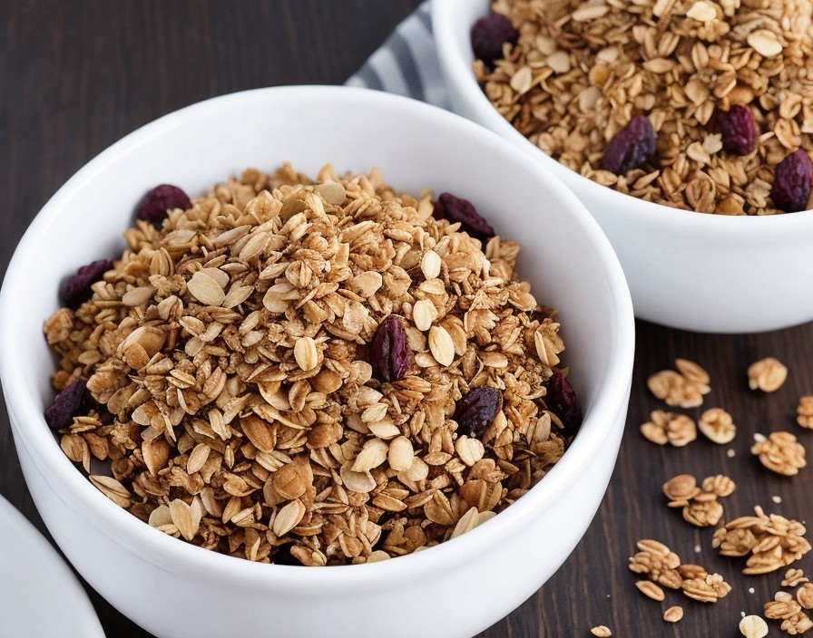 Granola with Oats and Dried Berries in White Bowls