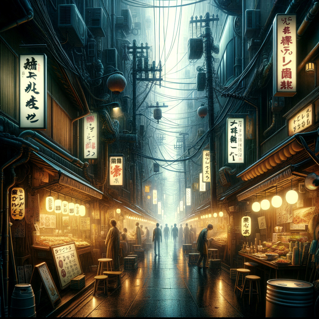 Vibrant Alleyway with Lanterns and Street Vendors