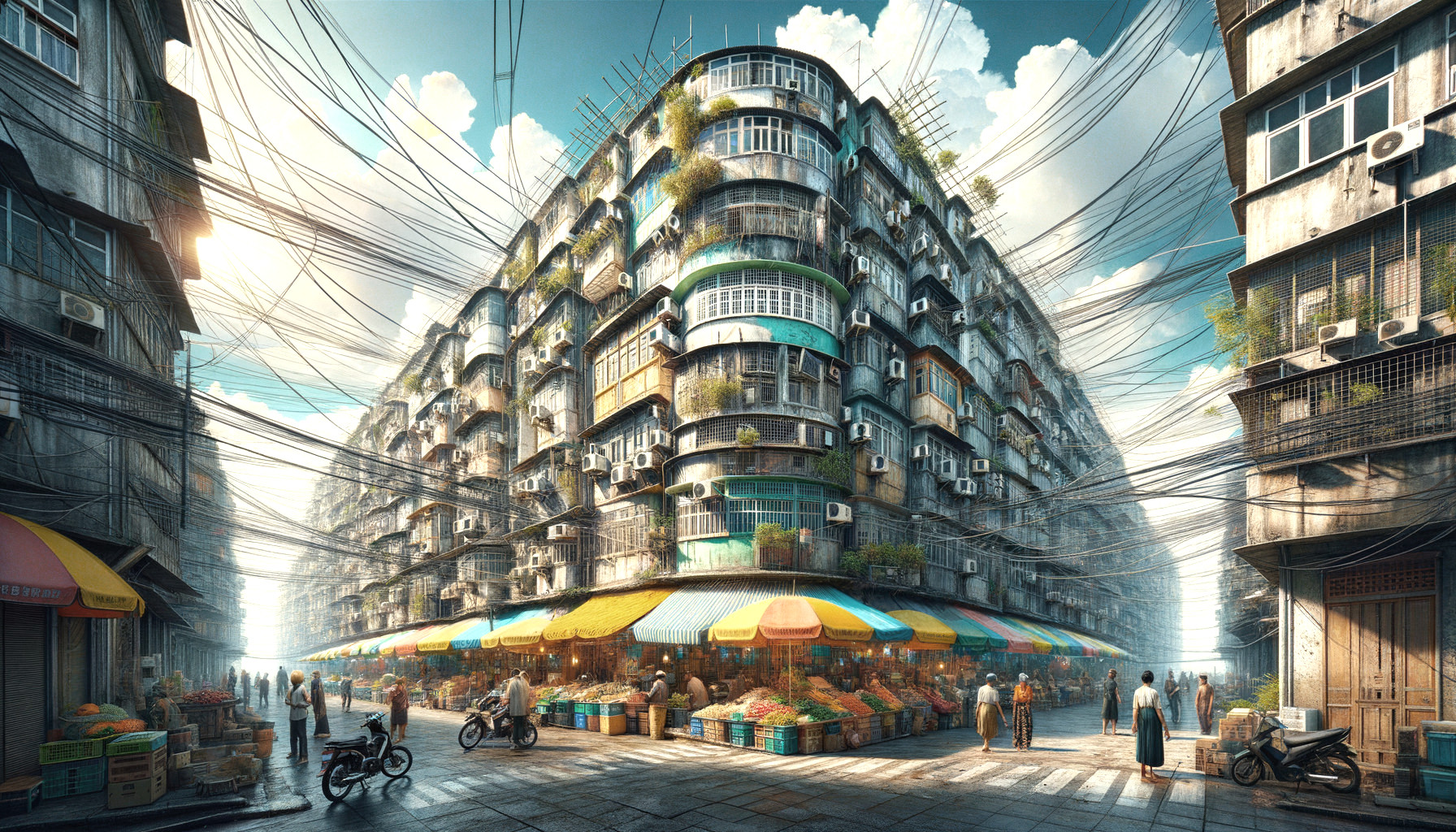 Urban Street Market with Overlapping Buildings and Wires