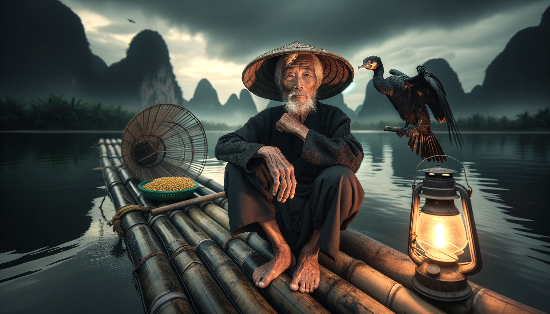 Elderly Fisherman on Bamboo Raft with Cormorant and Lantern
