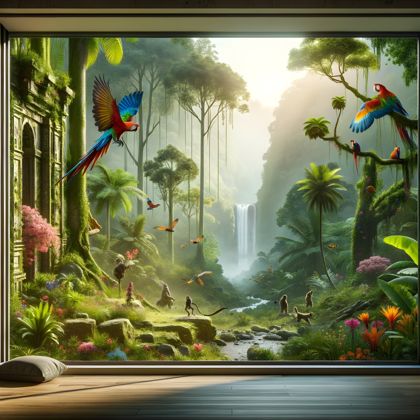 Vibrant Jungle Scene with Waterfall and Wildlife