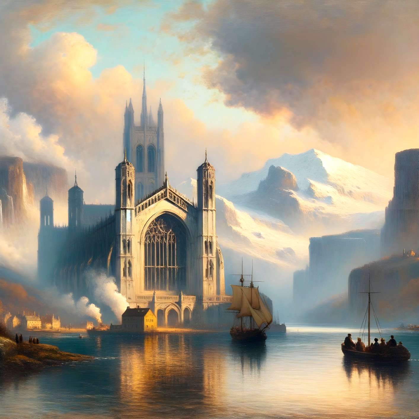 Majestic cathedral in serene mountain landscape