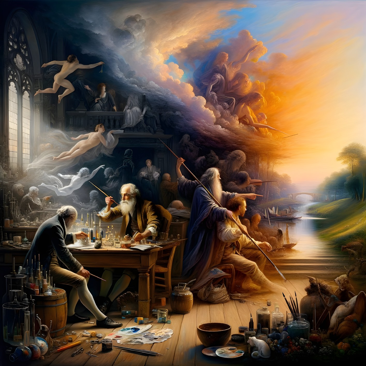 Surreal Workshop Scene with Scholar and Artist