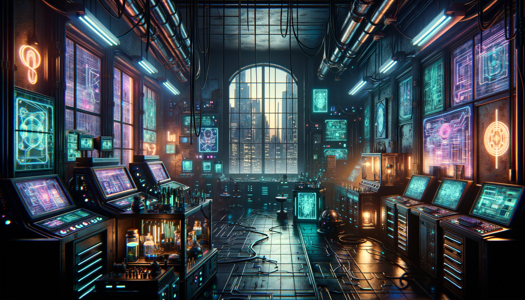 Futuristic Laboratory with Neon Lights and City View