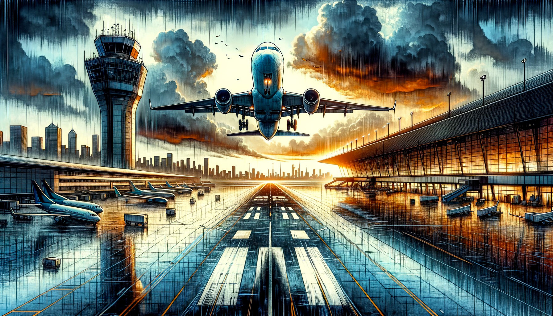 Dramatic Airport Scene with Airplane and Sunset Colors