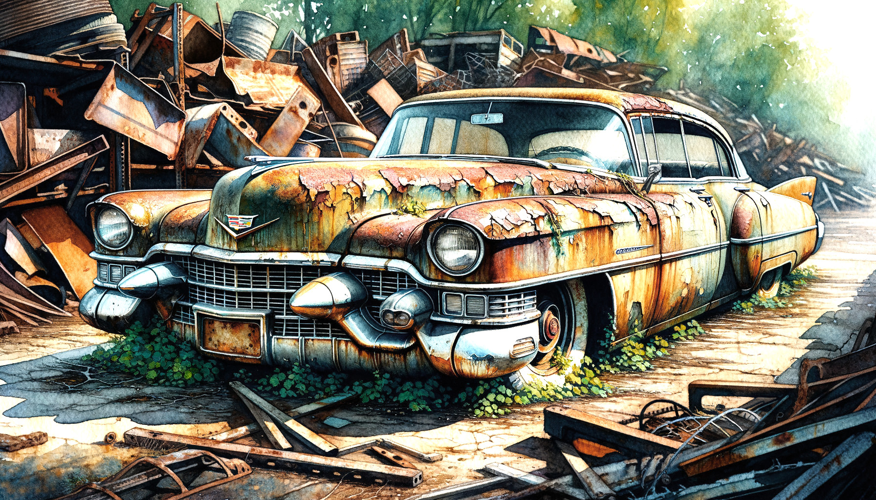 Abandoned Vintage Cadillac in a Junkyard Setting