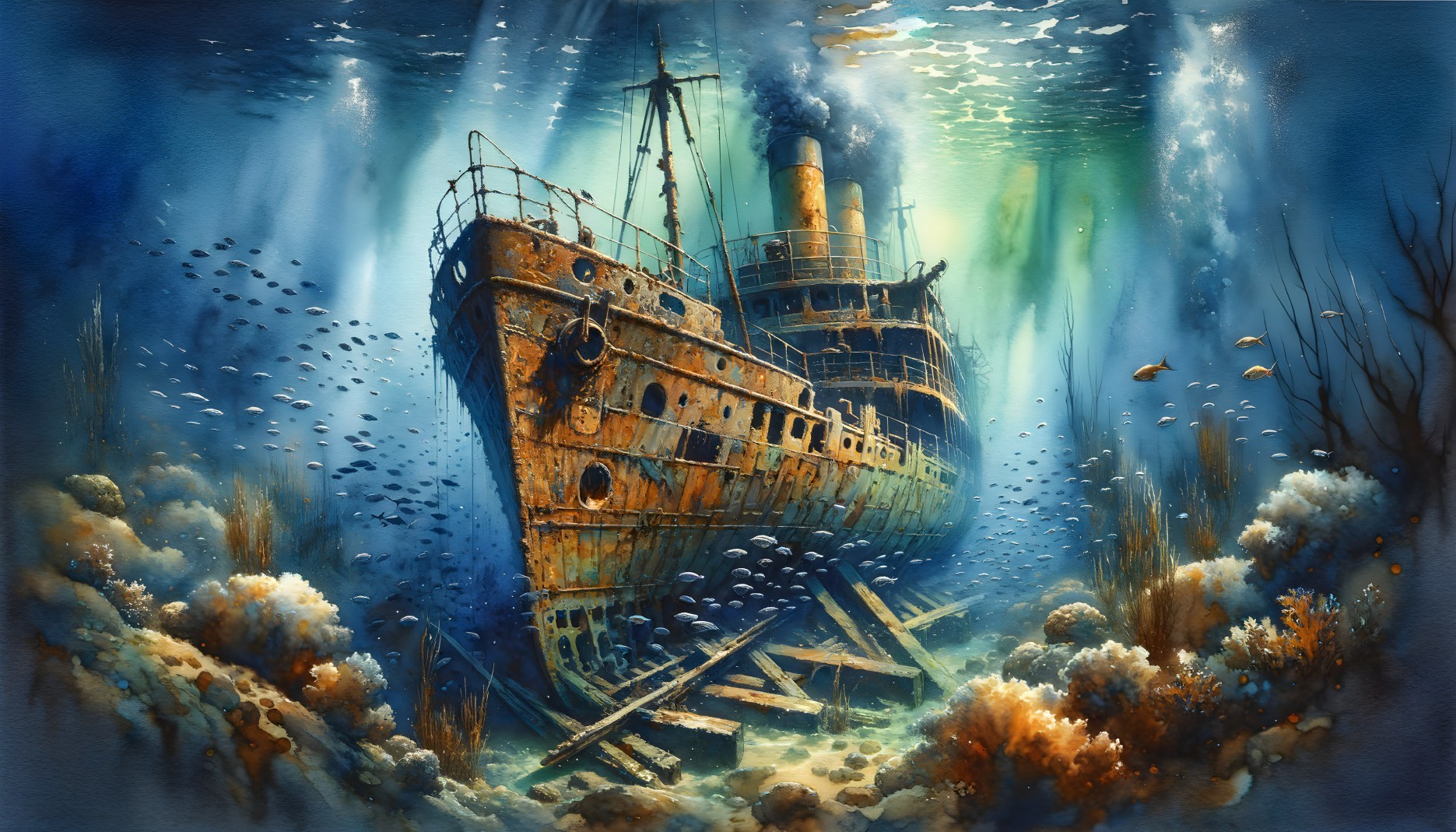 Abandoned Shipwreck Surrounded by Coral and Fish