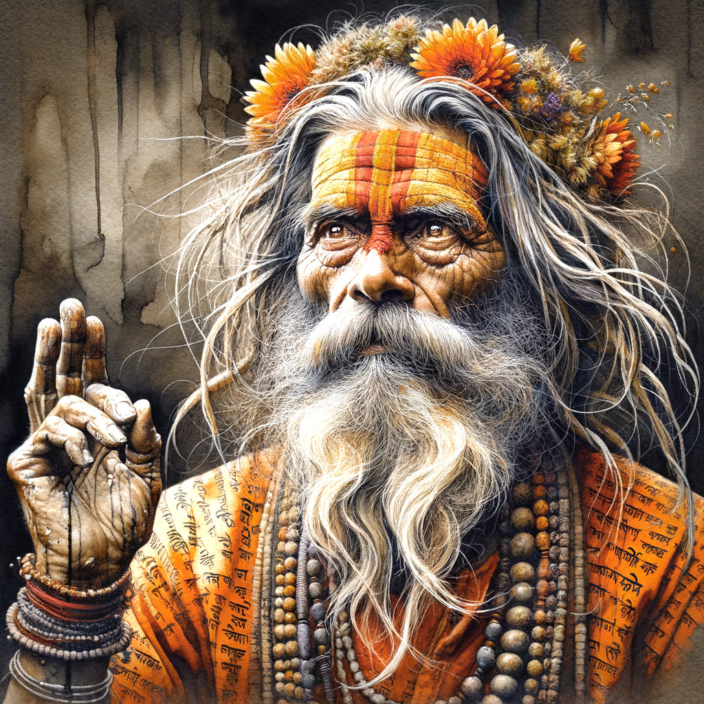 Elderly man in orange robes with floral offerings