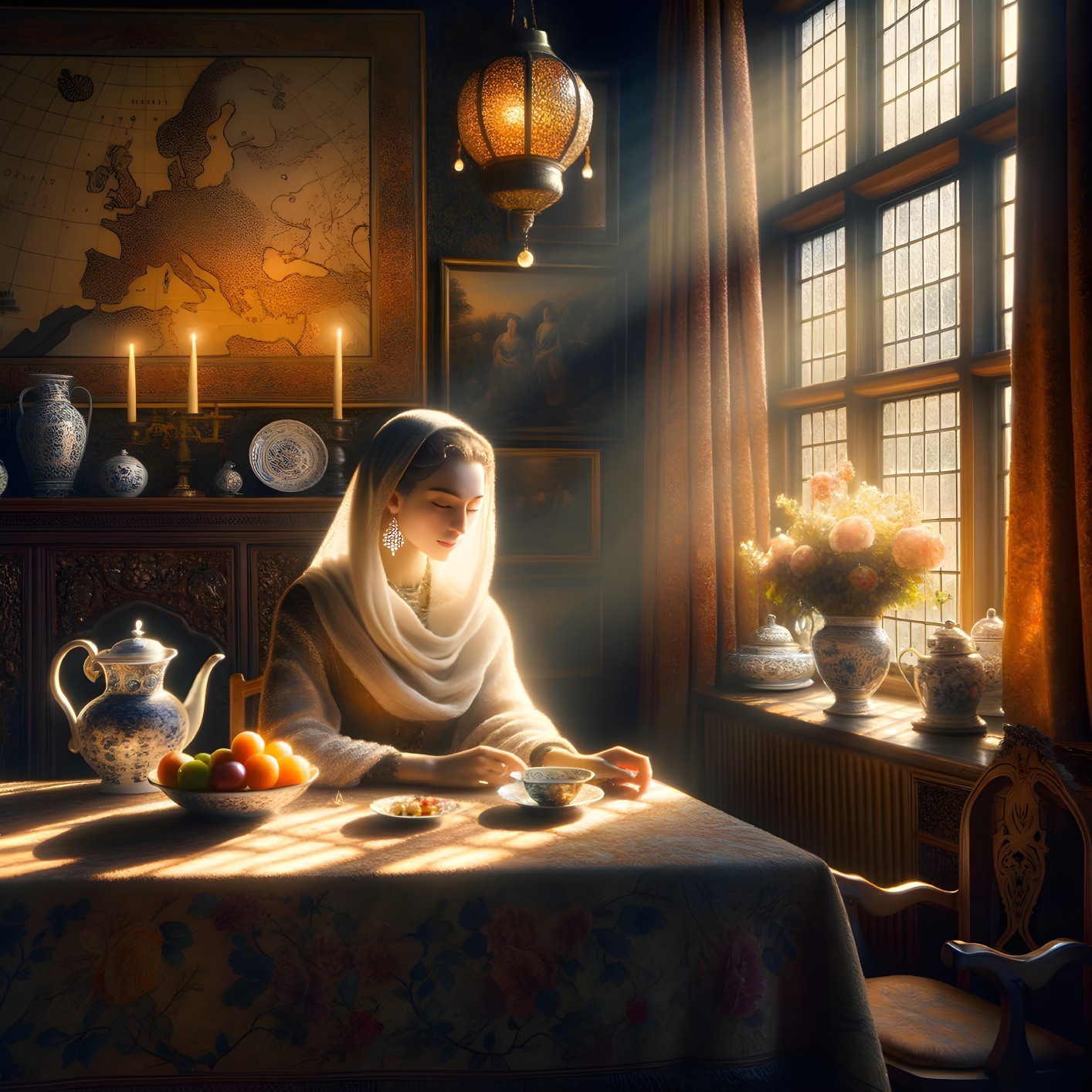 Woman in Headscarf Enjoys Tea in Elegant Room