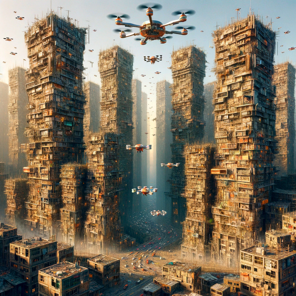 Futuristic Urban Landscape with Skyscrapers and Drones