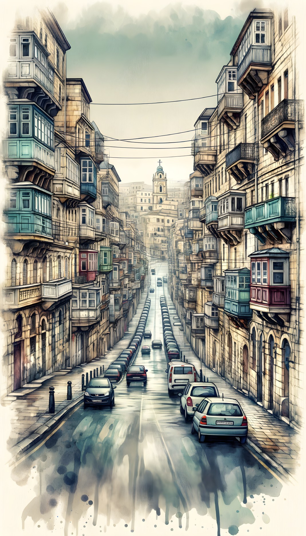 Scenic Winding Road with Historic Buildings and Church Tower