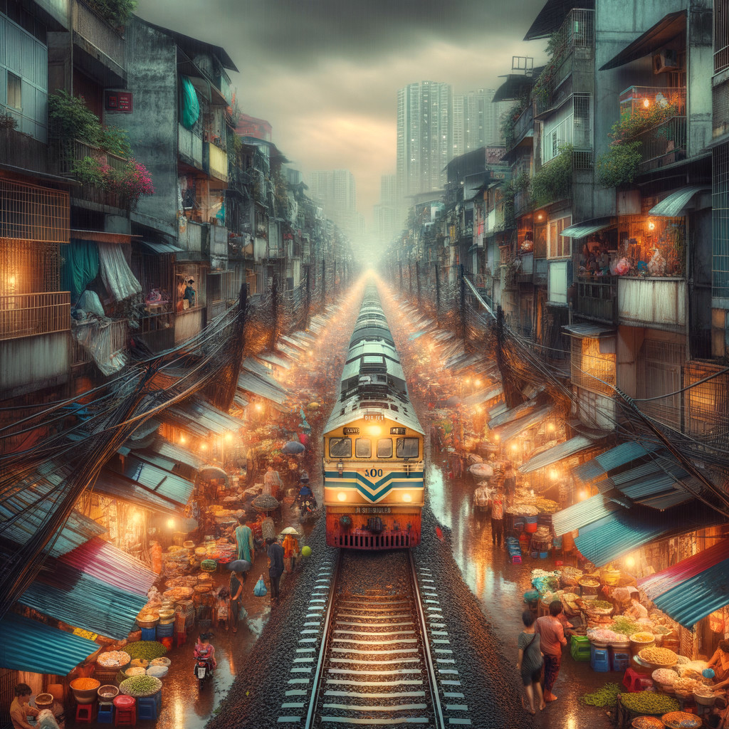 Train Journey Through a Vibrant Market Street