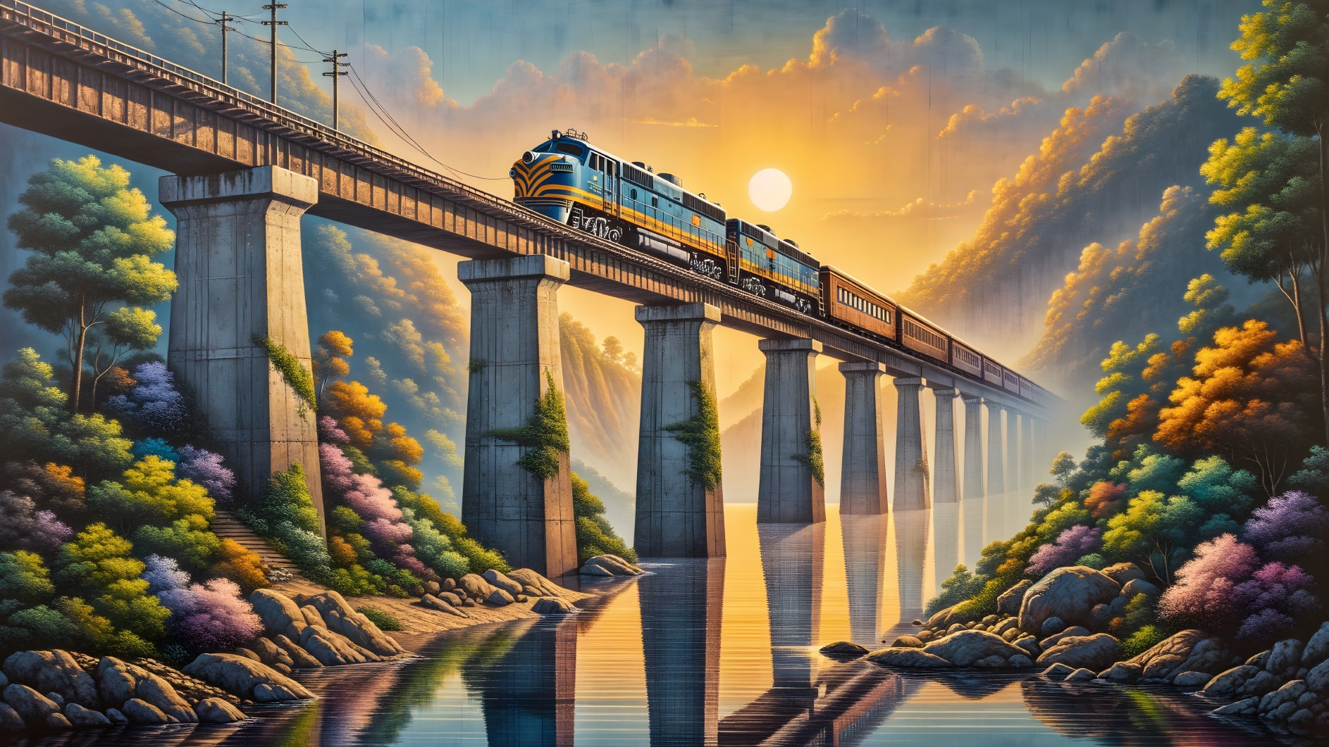 Vibrant Train Crossing Bridge at Sunrise with Reflections